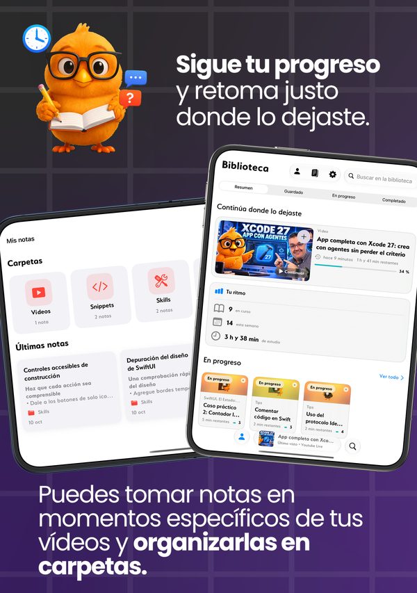Segueix el teu progrés i continua just on ho vas deixar, amb notes desades en moments exactes dels teus vídeos i organitzades en carpetes.