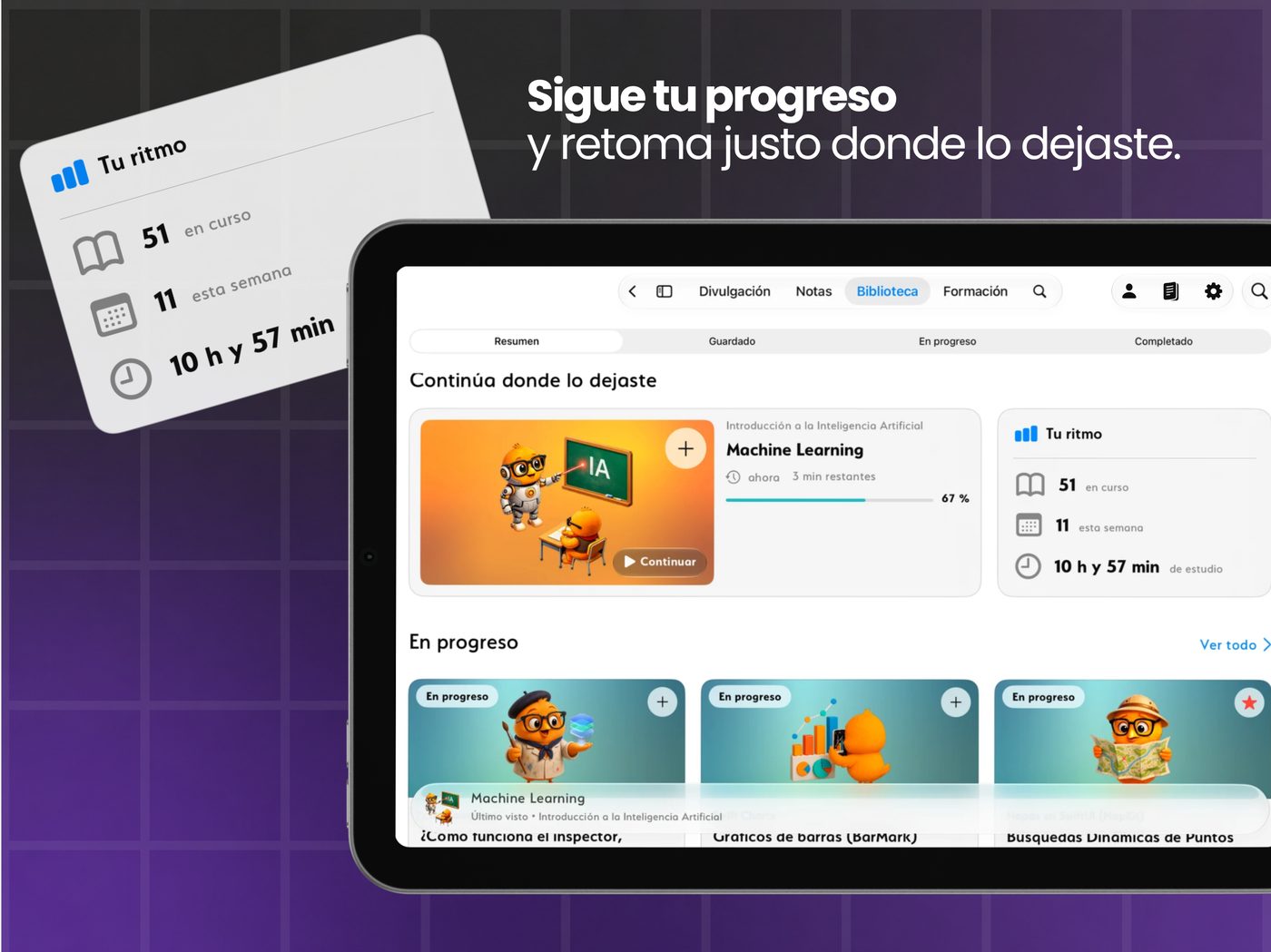 Segueix el teu progrés i continua just on ho vas deixar.