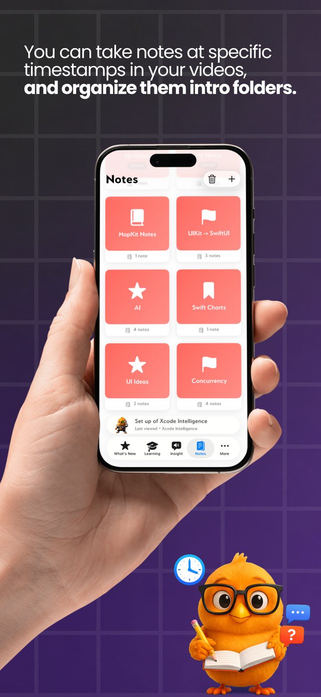 Take notes at specific timestamps in your videos and organise them into folders.