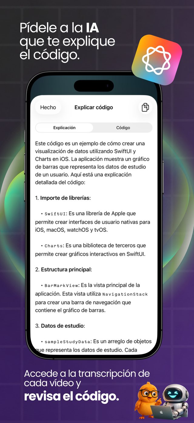 Pide a la IA que te explique el código, lee la transcripción y consulta el código fuente de cada video.