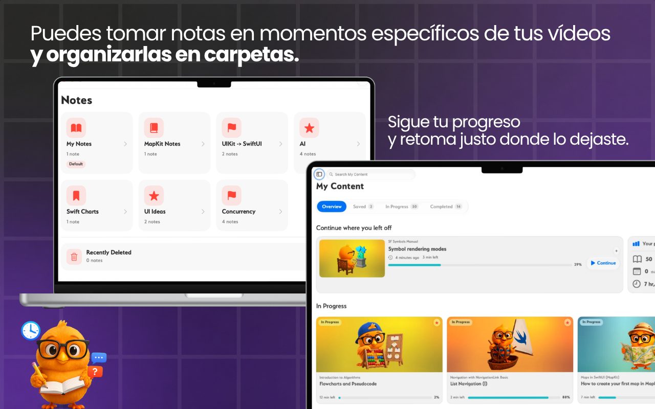 Segueix el teu progrés i continua just on ho vas deixar, amb notes desades en moments exactes dels teus vídeos i organitzades en carpetes.