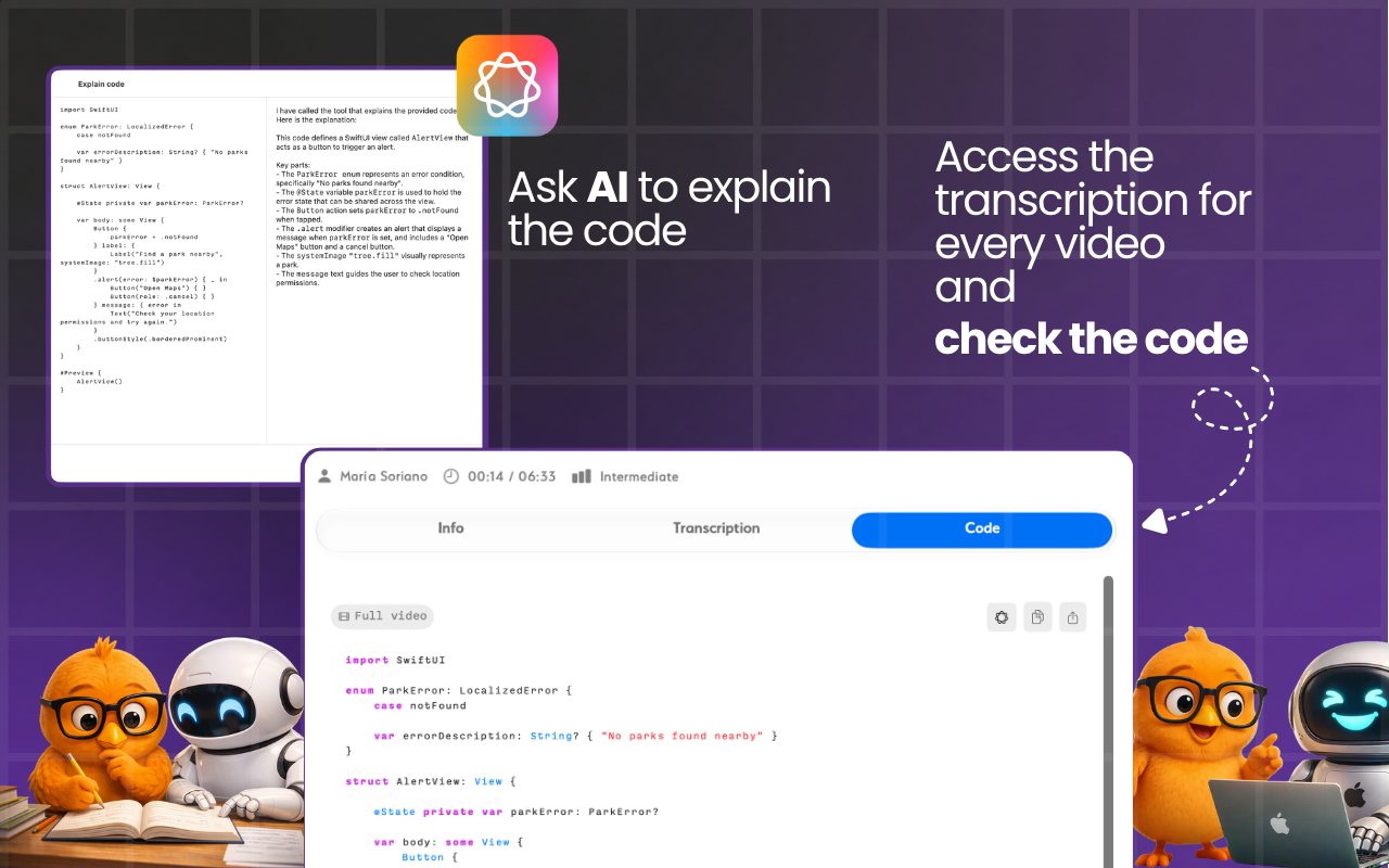 Be Native on Mac showing an AI-generated explanation next to the Swift source code.