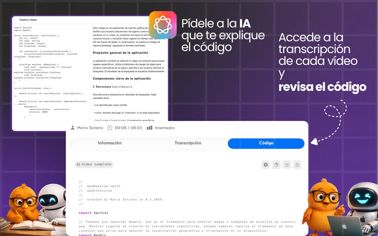 Be Native en Mac mostrando una explicación generada por IA junto al código fuente en Swift.